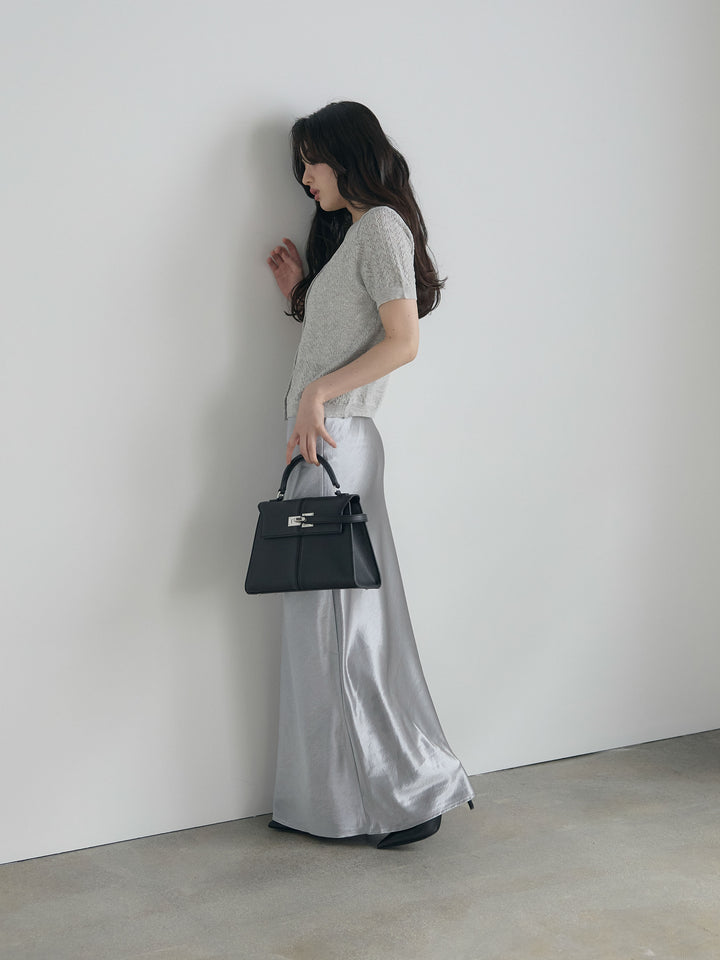 【SET】クロシェPOLOコンパクトカーディガン+リュクスAラインサテンスカート(2set)