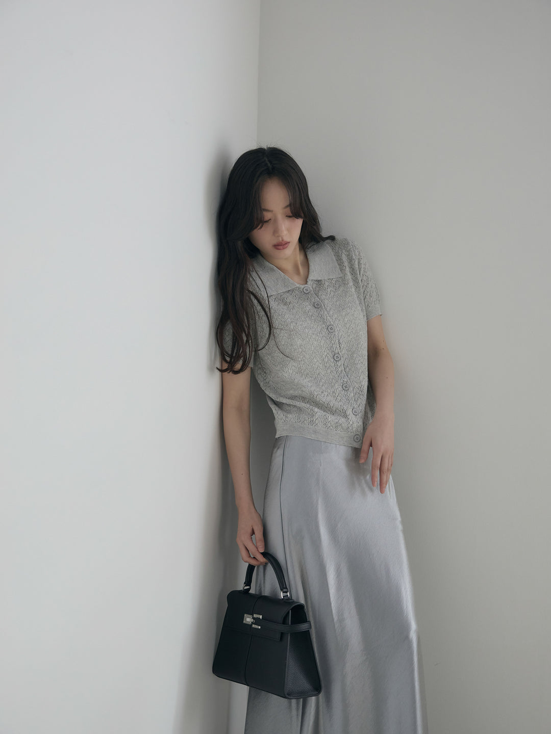 【SET】クロシェPOLOコンパクトカーディガン+リュクスAラインサテンスカート(2set)