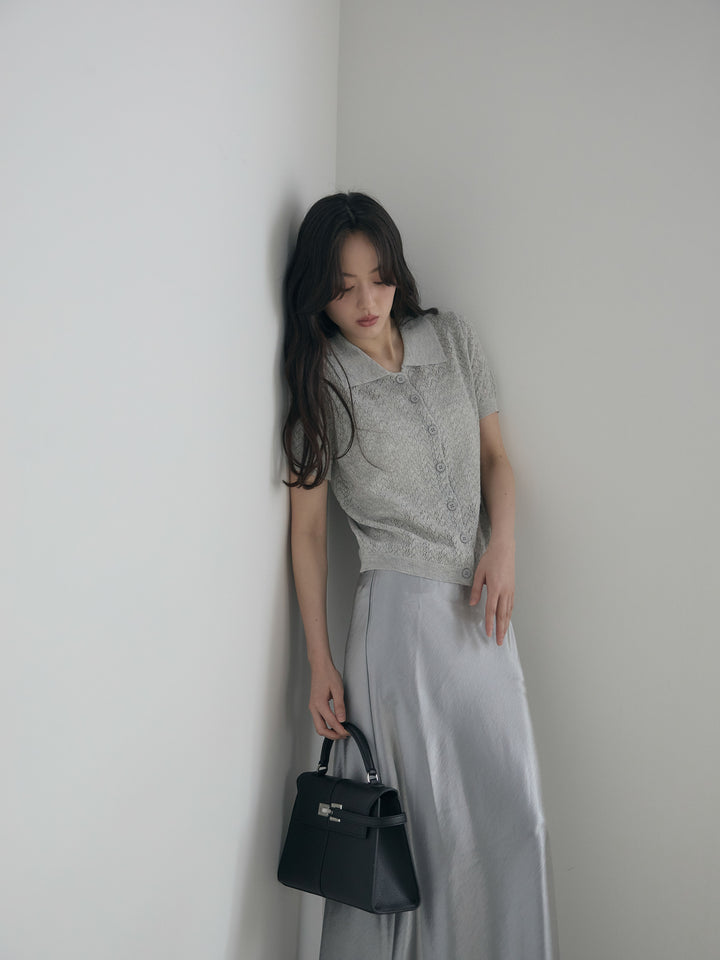 【SET】クロシェPOLOコンパクトカーディガン+リュクスAラインサテンスカート(2set)