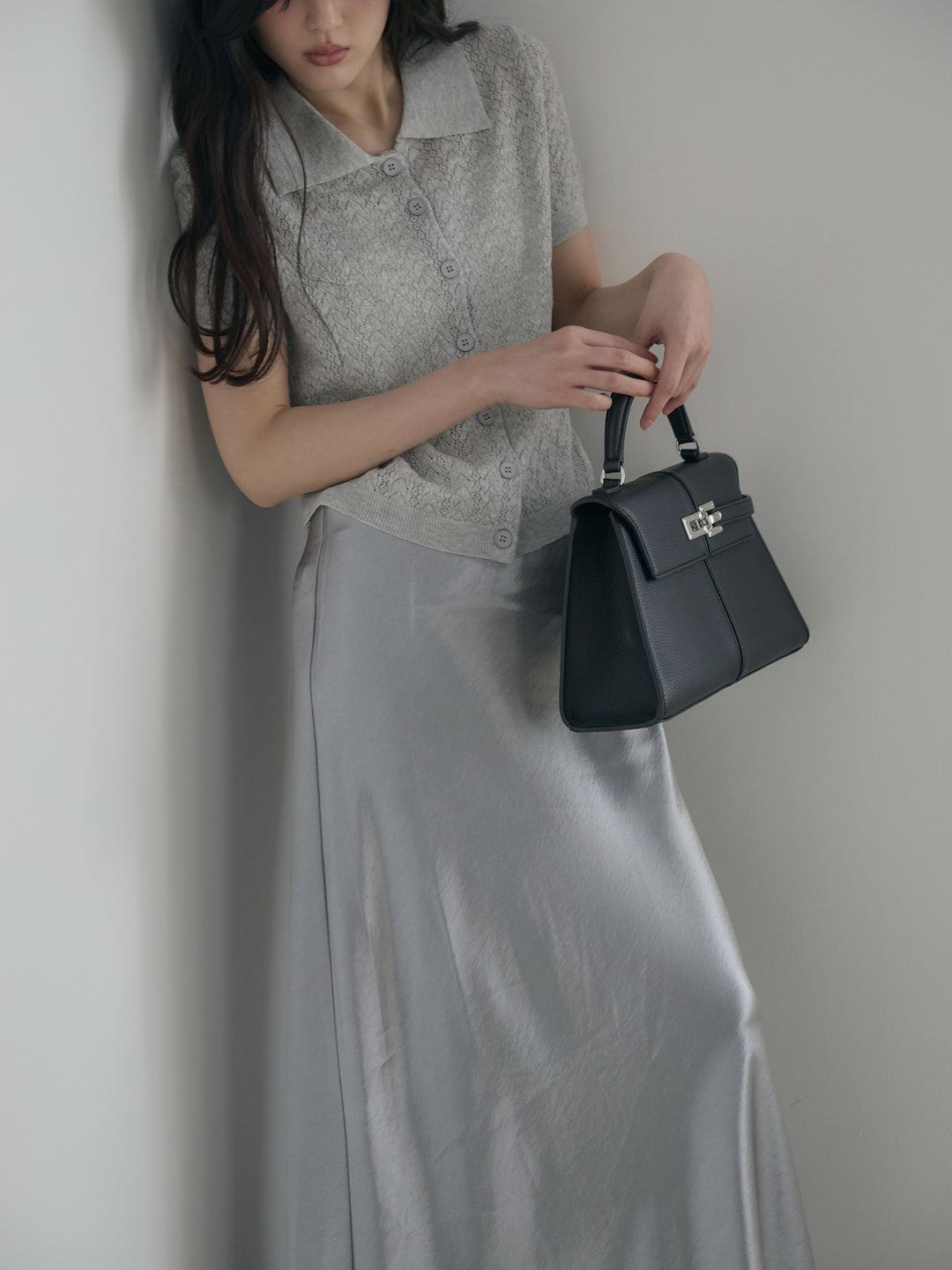 【SET】クロシェPOLOコンパクトカーディガン+リュクスAラインサテンスカート(2set)