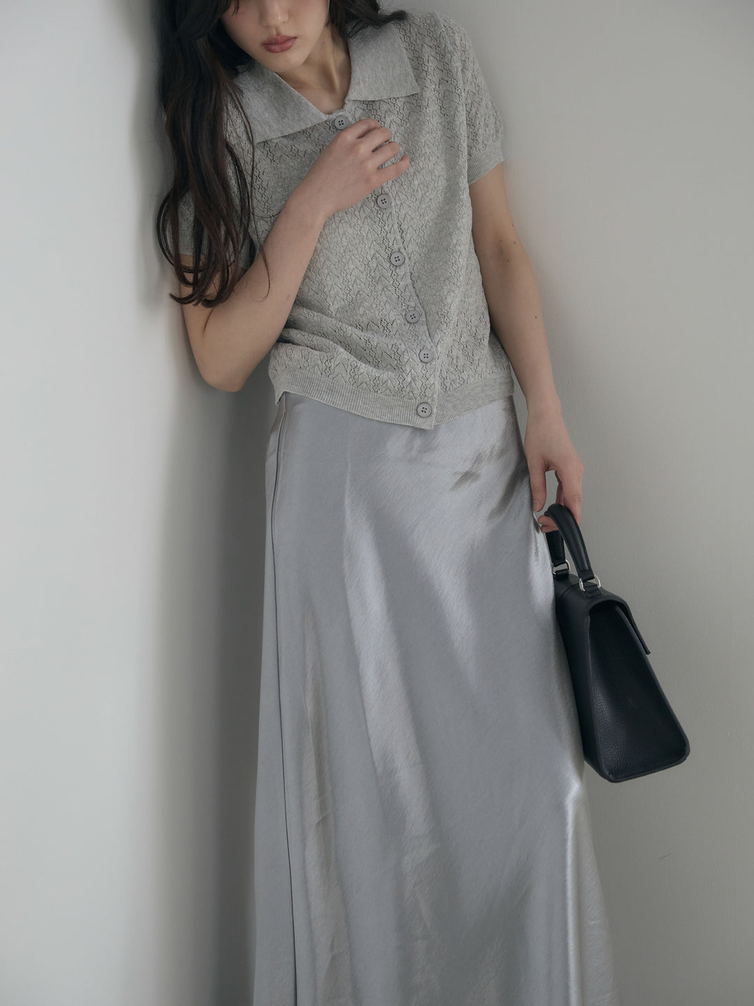 【SET】クロシェPOLOコンパクトカーディガン+リュクスAラインサテンスカート(2set)