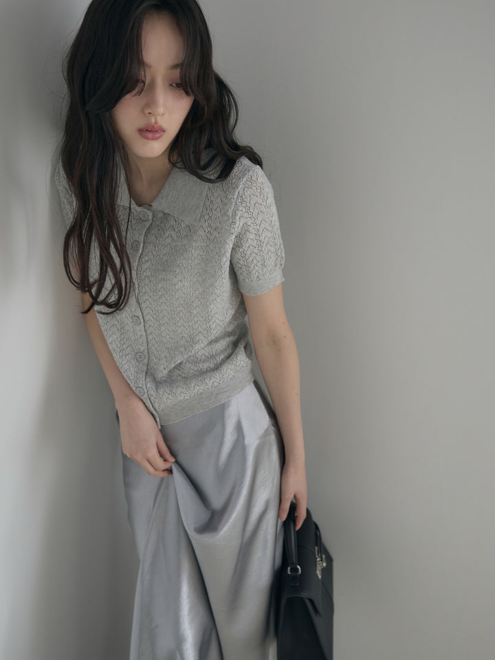 【SET】クロシェPOLOコンパクトカーディガン+リュクスAラインサテンスカート(2set)