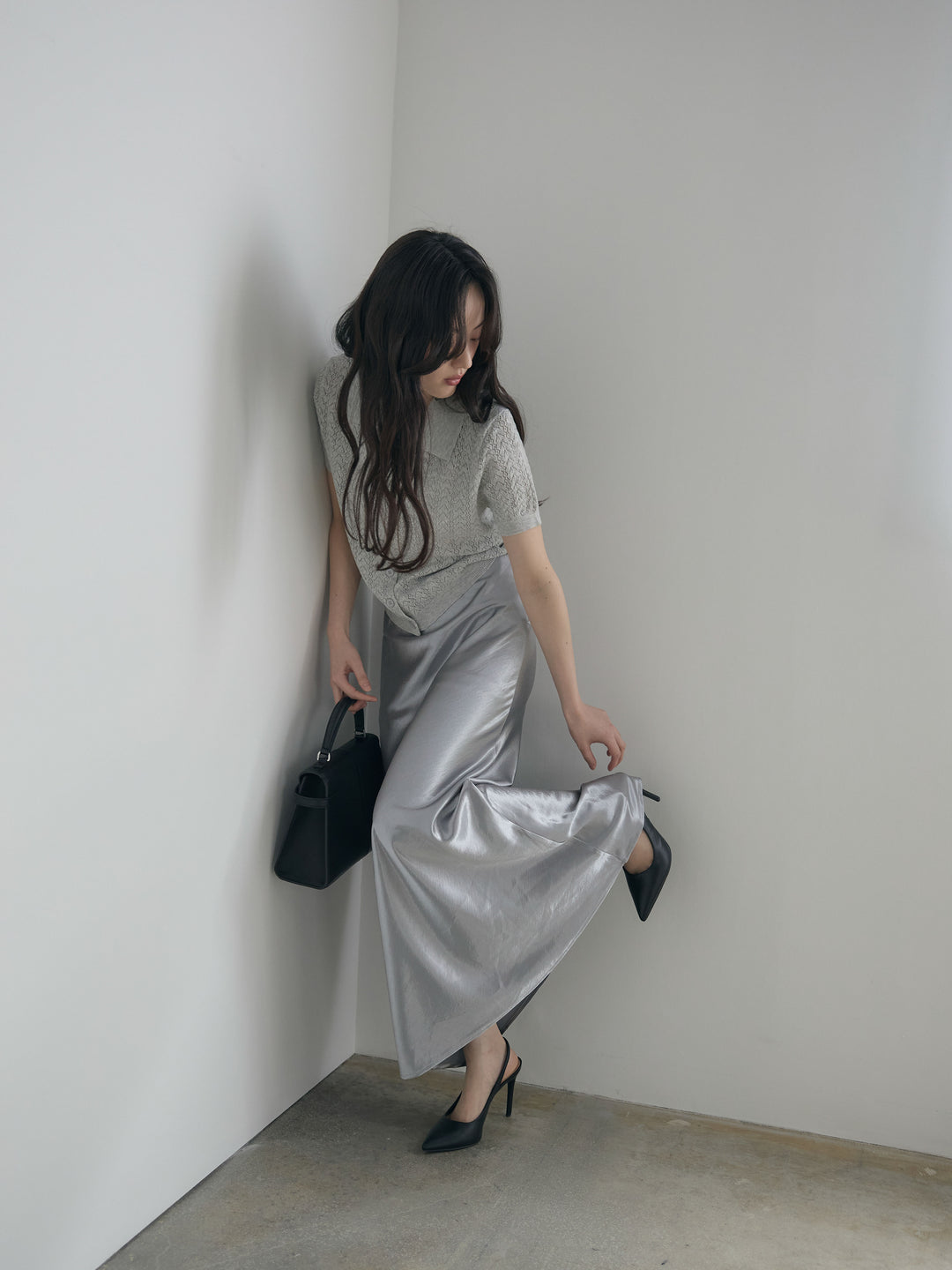 【SET】クロシェPOLOコンパクトカーディガン+リュクスAラインサテンスカート(2set)