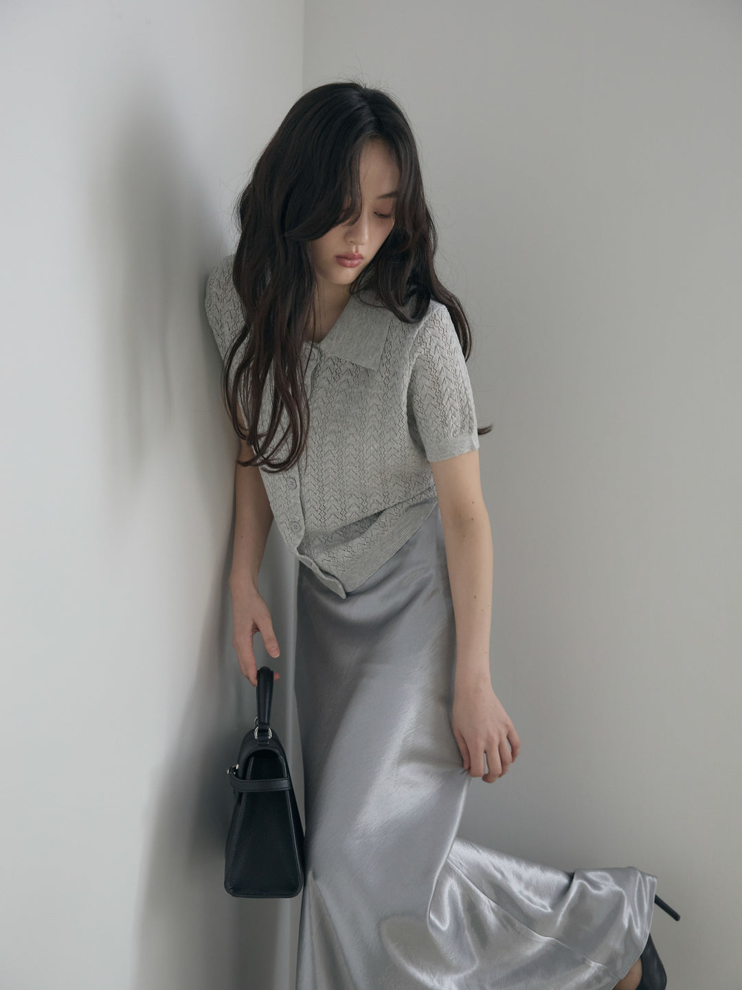 【SET】クロシェPOLOコンパクトカーディガン+リュクスAラインサテンスカート(2set)