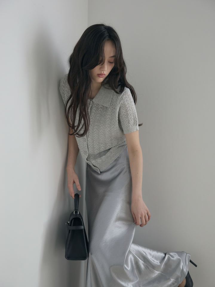 【SET】クロシェPOLOコンパクトカーディガン+リュクスAラインサテンスカート(2set)