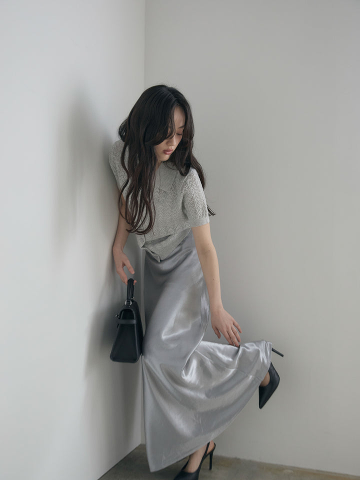 【SET】クロシェPOLOコンパクトカーディガン+リュクスAラインサテンスカート(2set)