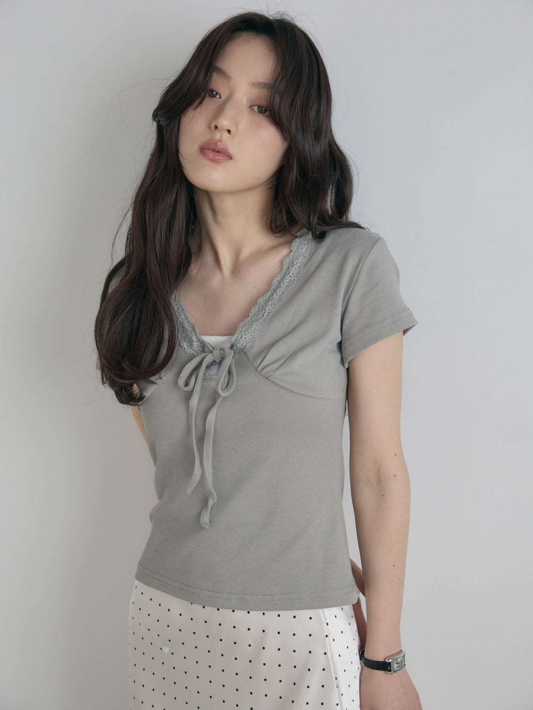 レーストリムフロントリボンカットソー