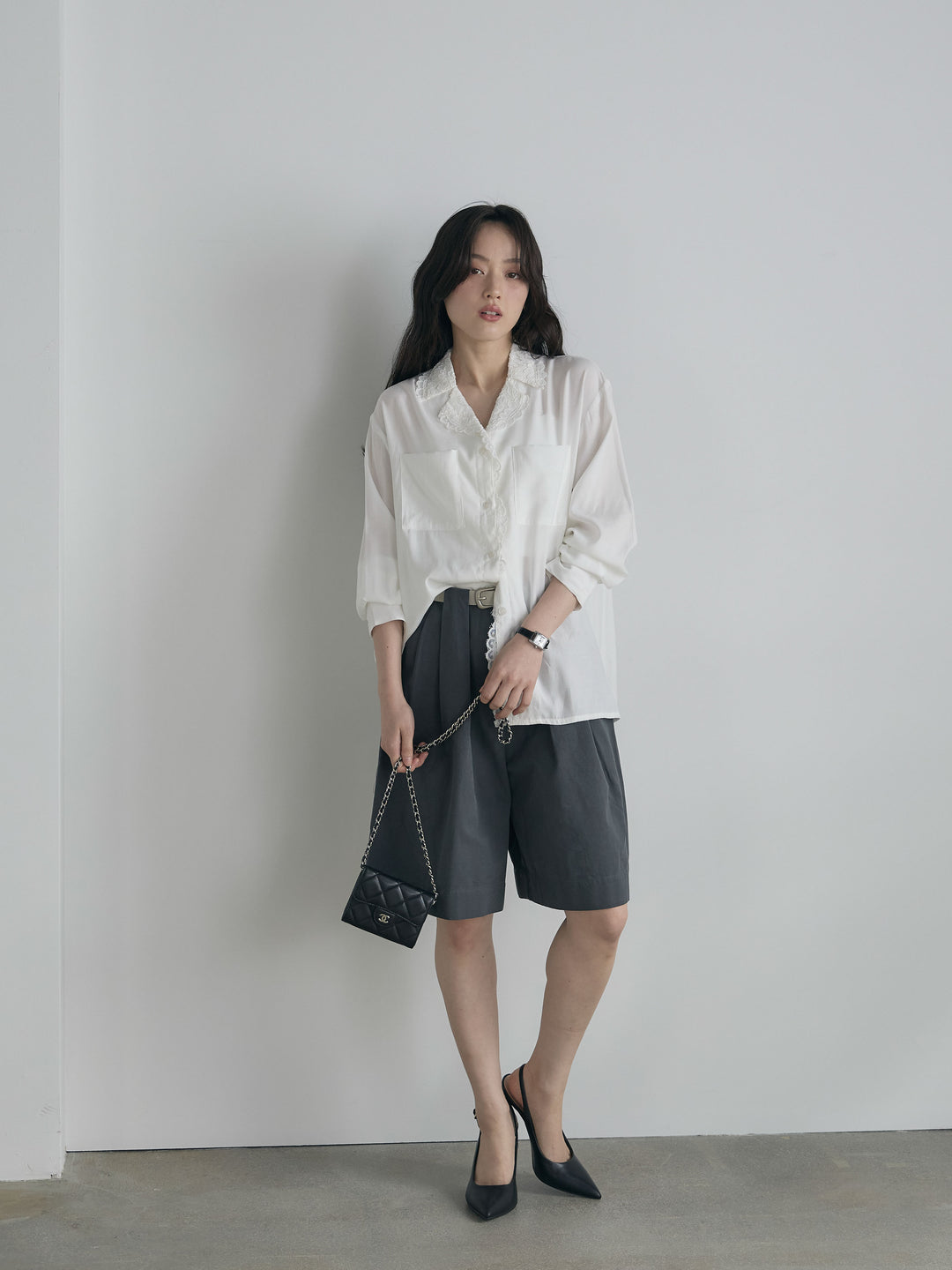 レース襟ダブルポケットソフトシャツ