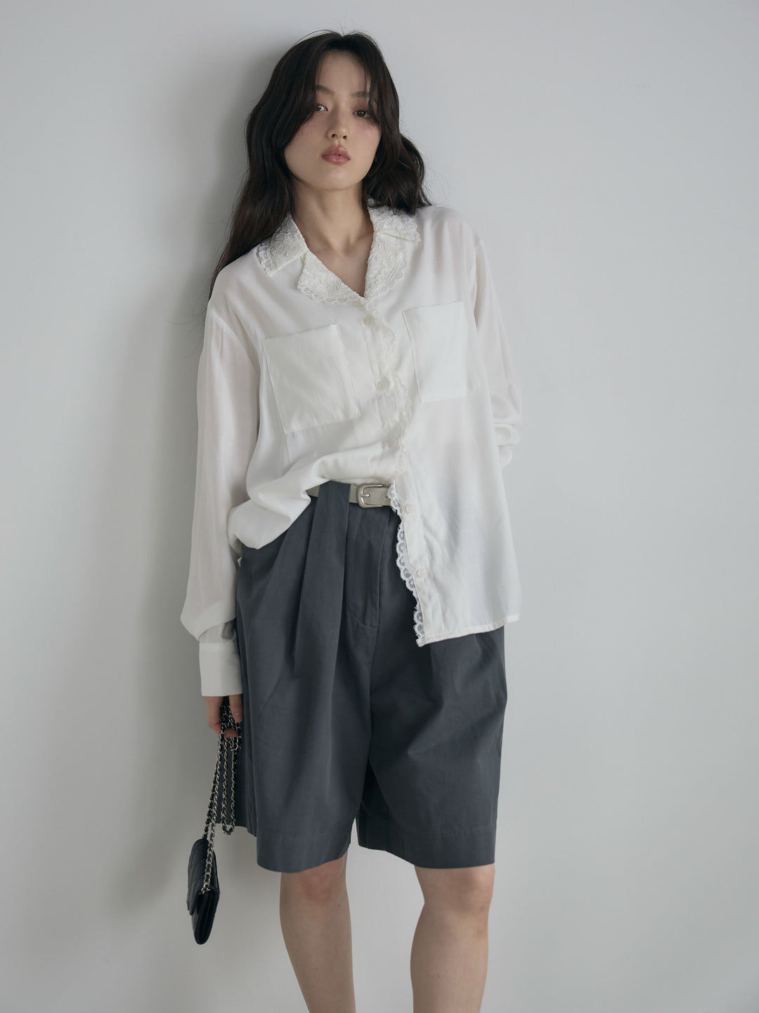 レース襟ダブルポケットソフトシャツ