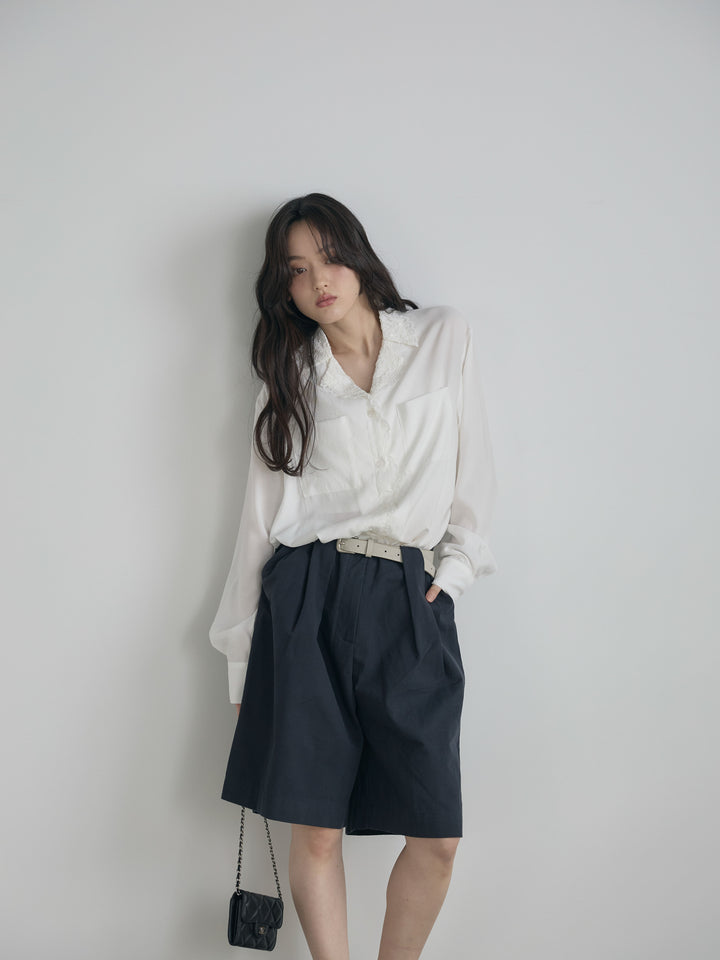 レース襟ダブルポケットソフトシャツ