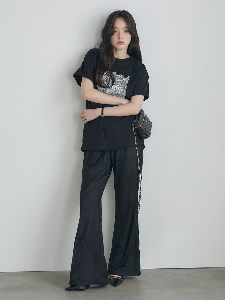 【SET】【cool touch】レースロゴ刺繍Tシャツ+【Essential】Lace soft flare pants(2set)