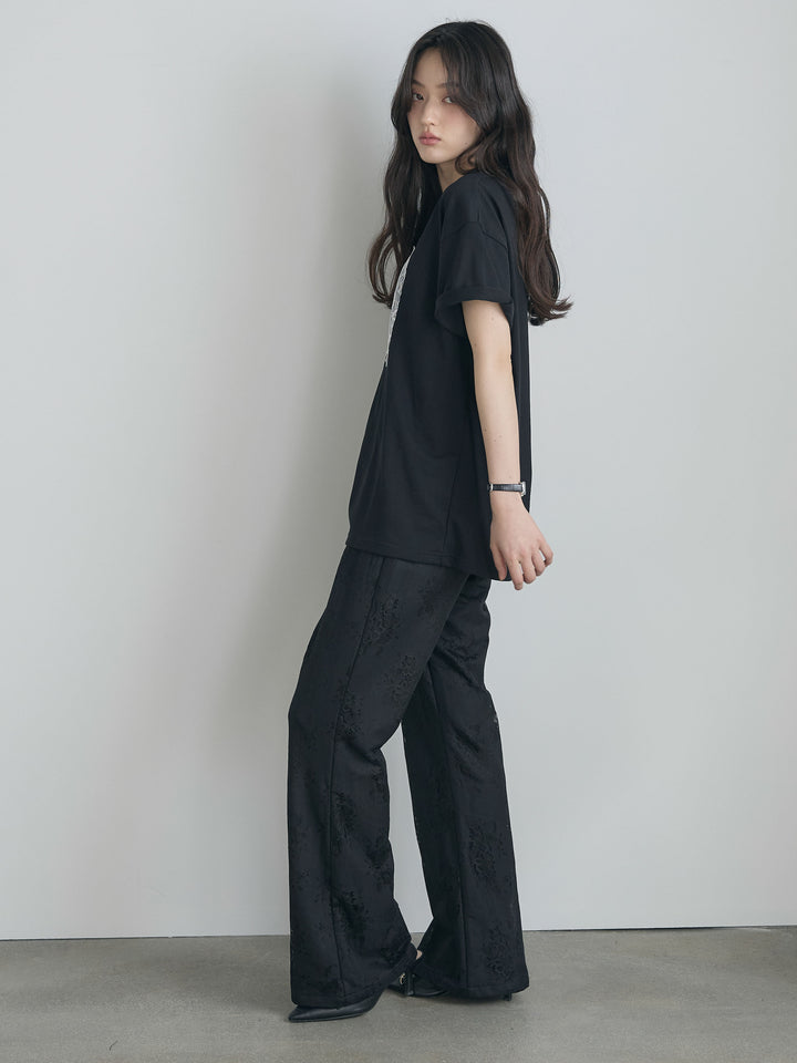 【SET】【cool touch】レースロゴ刺繍Tシャツ+【Essential】Lace soft flare pants(2set)