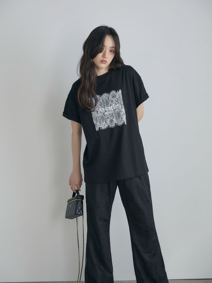 【SET】【cool touch】レースロゴ刺繍Tシャツ+【Essential】Lace soft flare pants(2set)