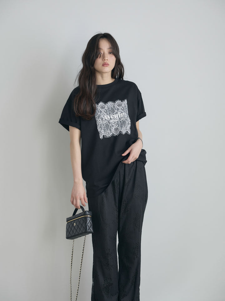 【SET】【cool touch】レースロゴ刺繍Tシャツ+【Essential】Lace soft flare pants(2set)