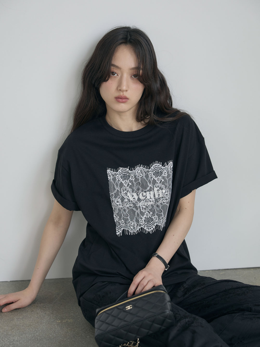 【SET】【cool touch】レースロゴ刺繍Tシャツ+【Essential】Lace soft flare pants(2set)