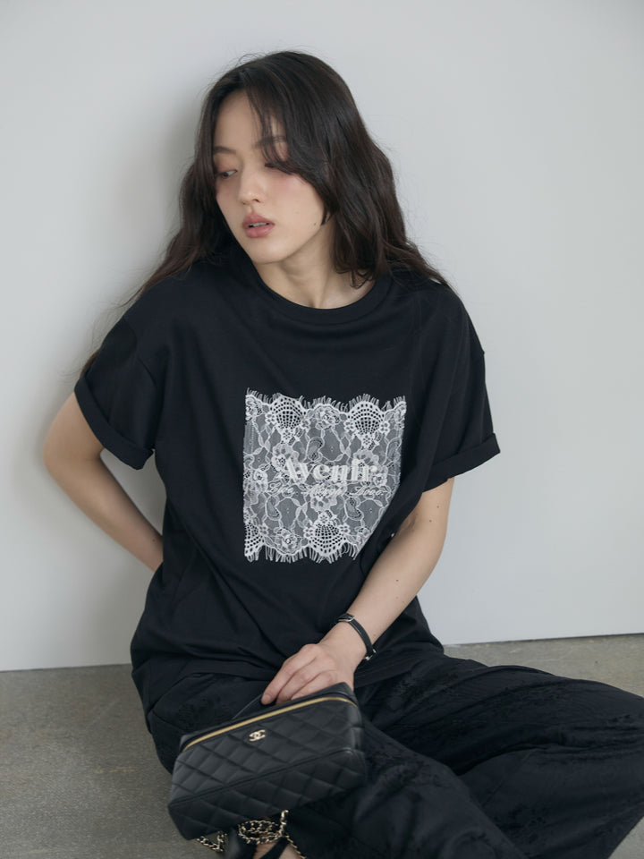 【SET】【cool touch】レースロゴ刺繍Tシャツ+【Essential】Lace soft flare pants(2set)