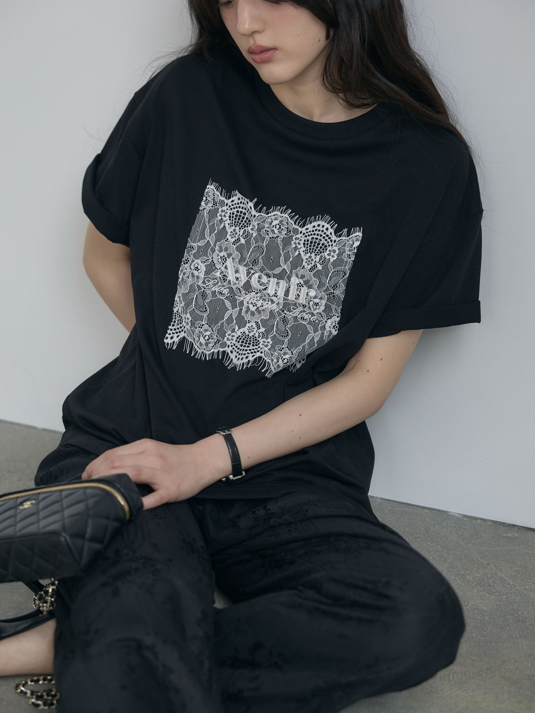 【SET】【cool touch】レースロゴ刺繍Tシャツ+【Essential】Lace soft flare pants(2set)