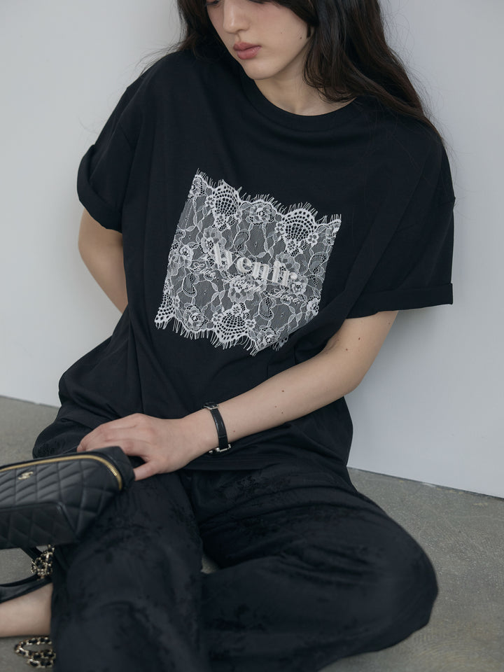 【SET】【cool touch】レースロゴ刺繍Tシャツ+【Essential】Lace soft flare pants(2set)
