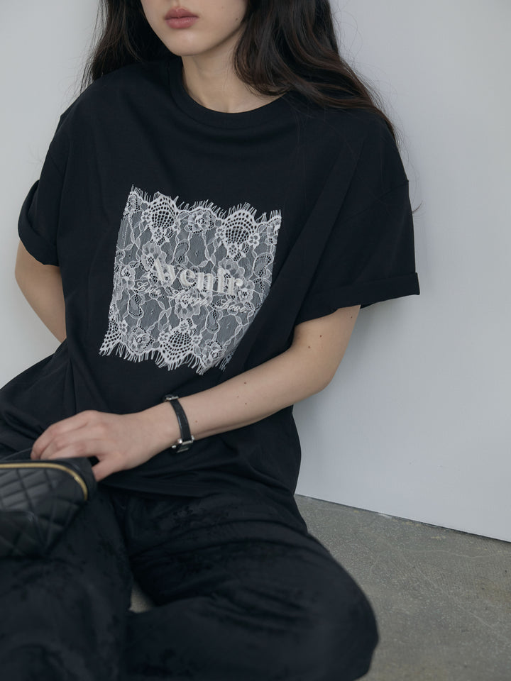 【SET】【cool touch】レースロゴ刺繍Tシャツ+【Essential】Lace soft flare pants(2set)