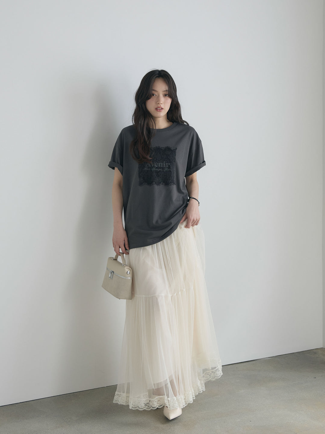 【SET】【cool touch】レースロゴ刺繍Tシャツ+裾レースデザインチュールスカート(2set)