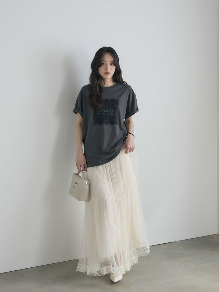 【SET】【cool touch】レースロゴ刺繍Tシャツ+裾レースデザインチュールスカート(2set)