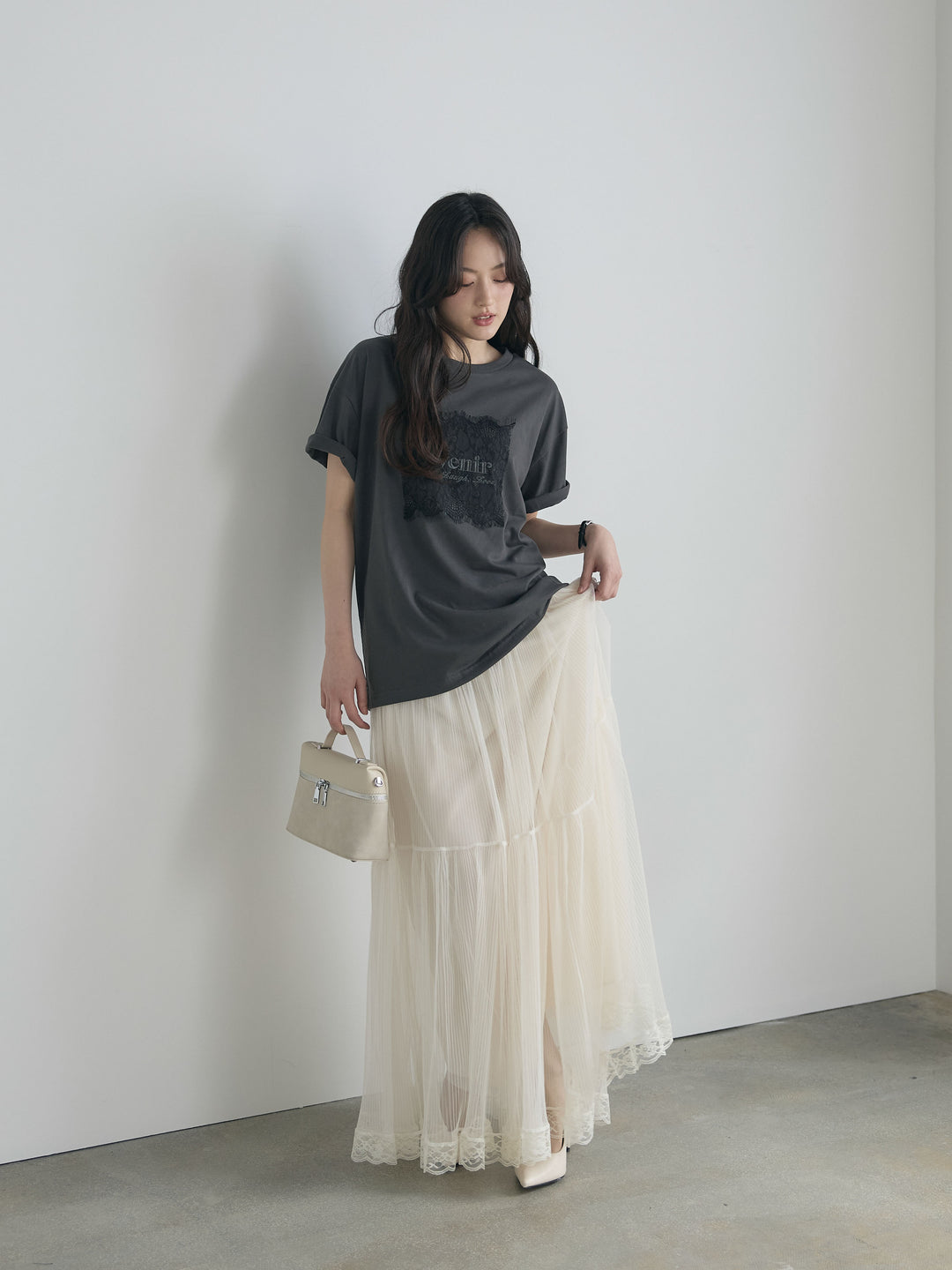 【SET】【cool touch】レースロゴ刺繍Tシャツ+裾レースデザインチュールスカート(2set)