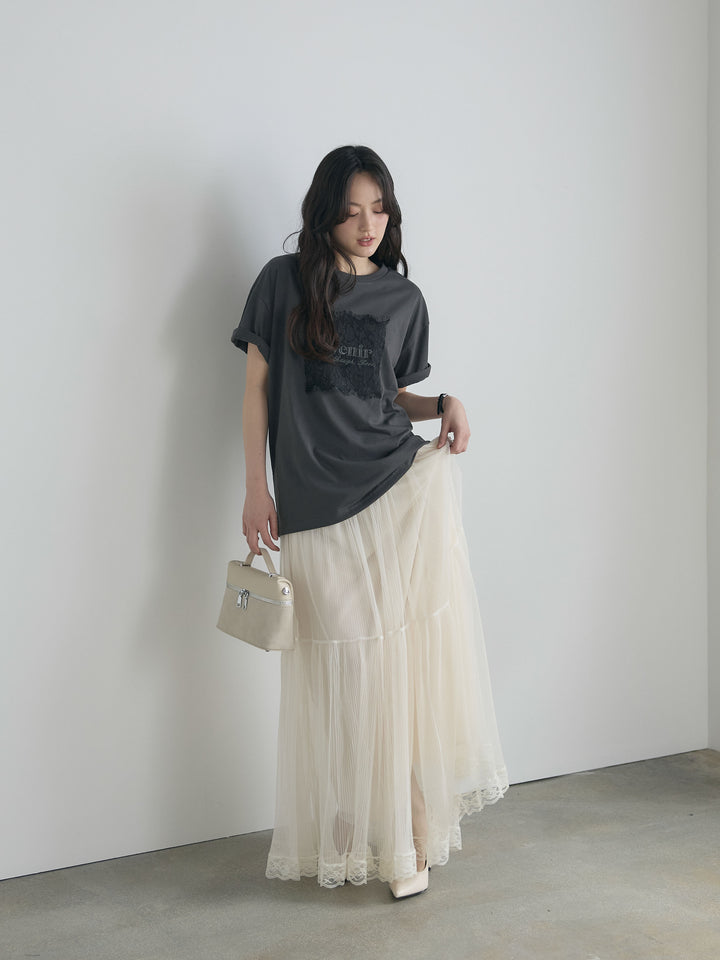 【SET】【cool touch】レースロゴ刺繍Tシャツ+裾レースデザインチュールスカート(2set)