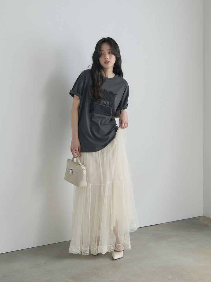 【SET】【cool touch】レースロゴ刺繍Tシャツ+裾レースデザインチュールスカート(2set)