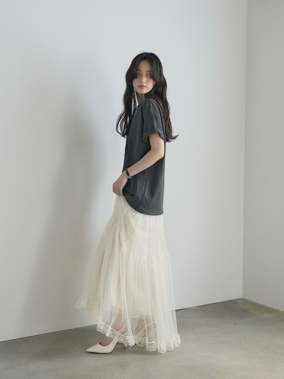 【SET】【cool touch】レースロゴ刺繍Tシャツ+裾レースデザインチュールスカート(2set)