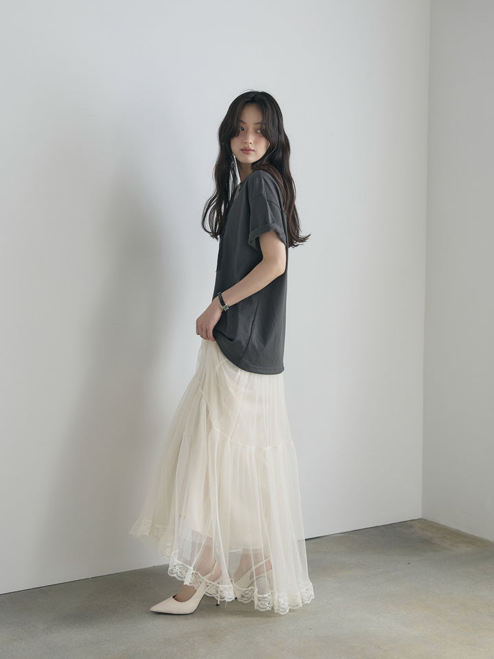 【SET】【cool touch】レースロゴ刺繍Tシャツ+裾レースデザインチュールスカート(2set)