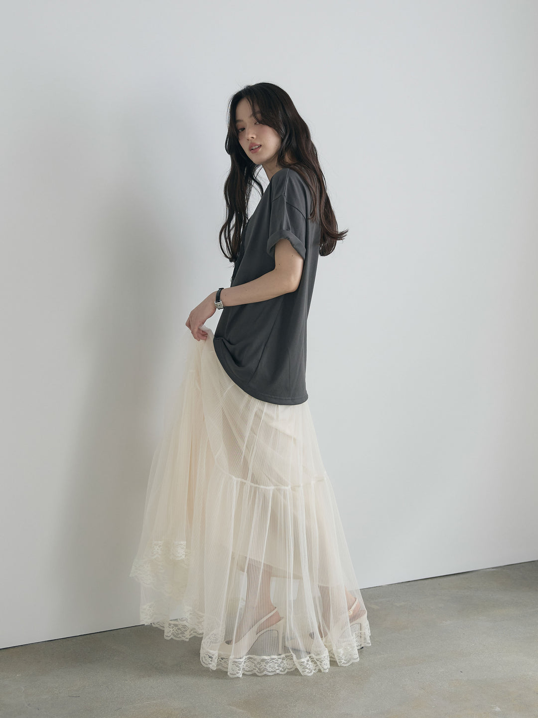 【SET】【cool touch】レースロゴ刺繍Tシャツ+裾レースデザインチュールスカート(2set)