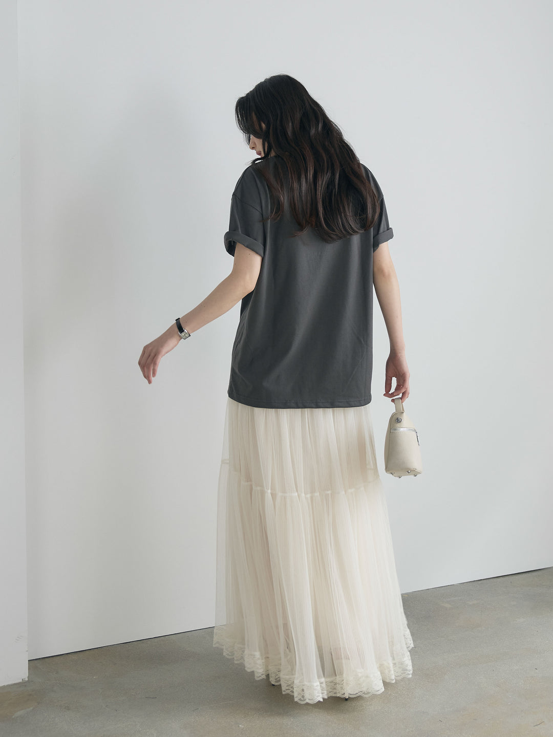 【SET】【cool touch】レースロゴ刺繍Tシャツ+裾レースデザインチュールスカート(2set)