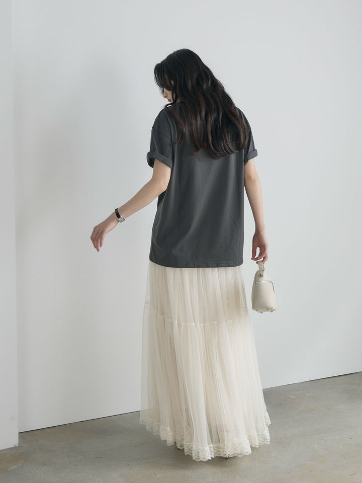 【SET】【cool touch】レースロゴ刺繍Tシャツ+裾レースデザインチュールスカート(2set)