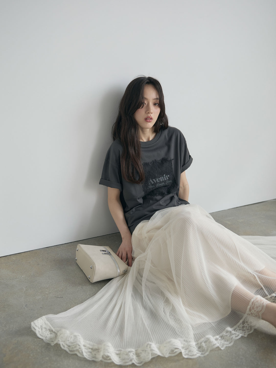 【SET】【cool touch】レースロゴ刺繍Tシャツ+裾レースデザインチュールスカート(2set)