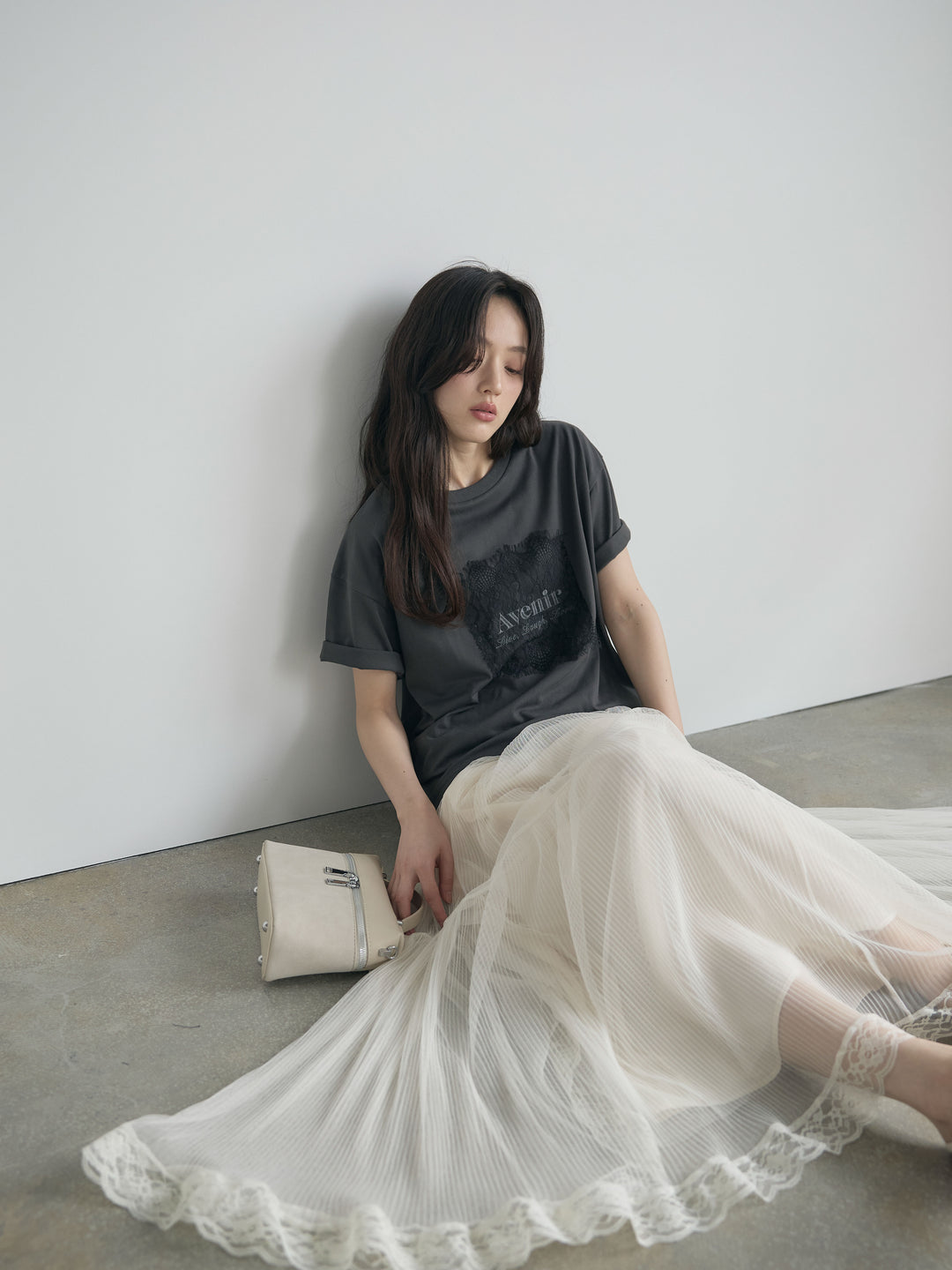 【SET】【cool touch】レースロゴ刺繍Tシャツ+裾レースデザインチュールスカート(2set)