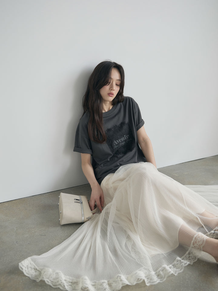 【SET】【cool touch】レースロゴ刺繍Tシャツ+裾レースデザインチュールスカート(2set)