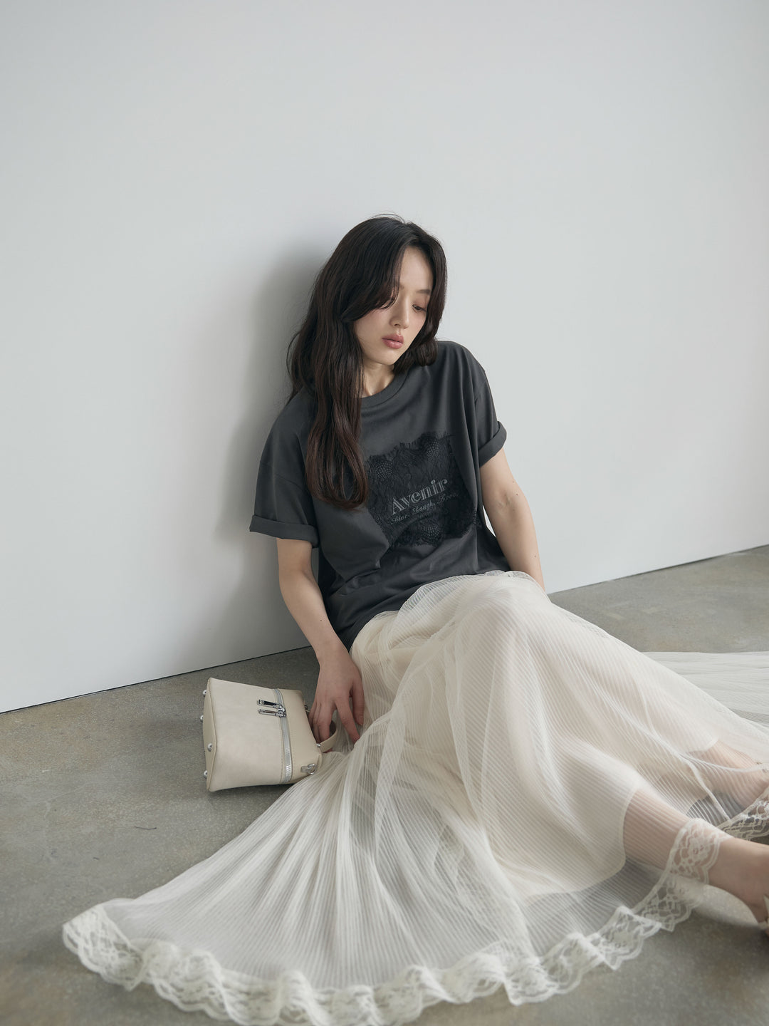 【SET】【cool touch】レースロゴ刺繍Tシャツ+裾レースデザインチュールスカート(2set)