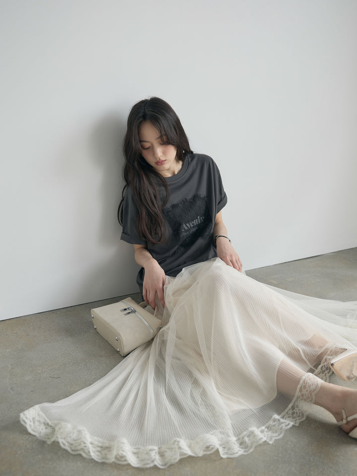 【SET】【cool touch】レースロゴ刺繍Tシャツ+裾レースデザインチュールスカート(2set)
