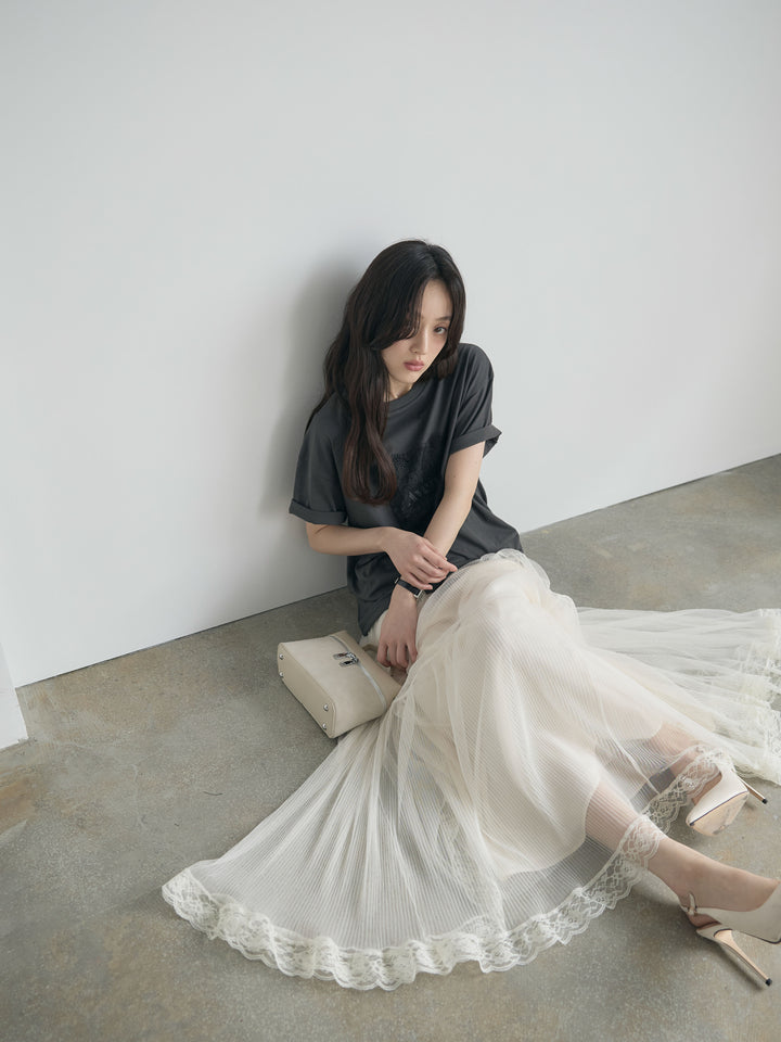 【SET】【cool touch】レースロゴ刺繍Tシャツ+裾レースデザインチュールスカート(2set)