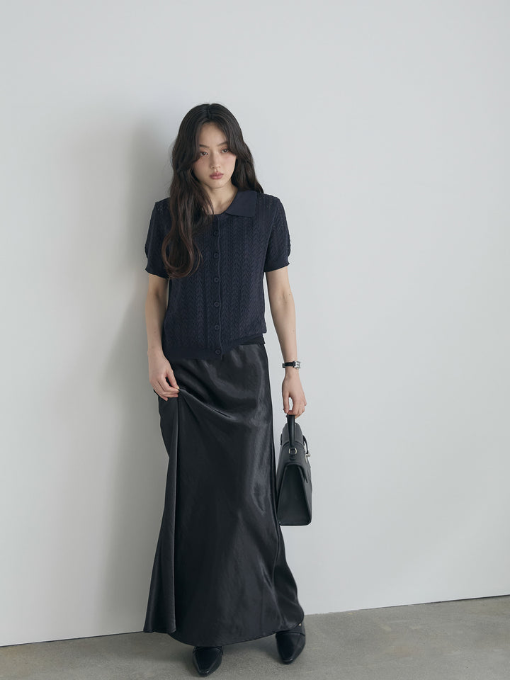 【SET】クロシェPOLOコンパクトカーディガン+リュクスAラインサテンスカート(2set)