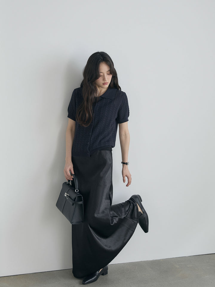 【SET】クロシェPOLOコンパクトカーディガン+リュクスAラインサテンスカート(2set)