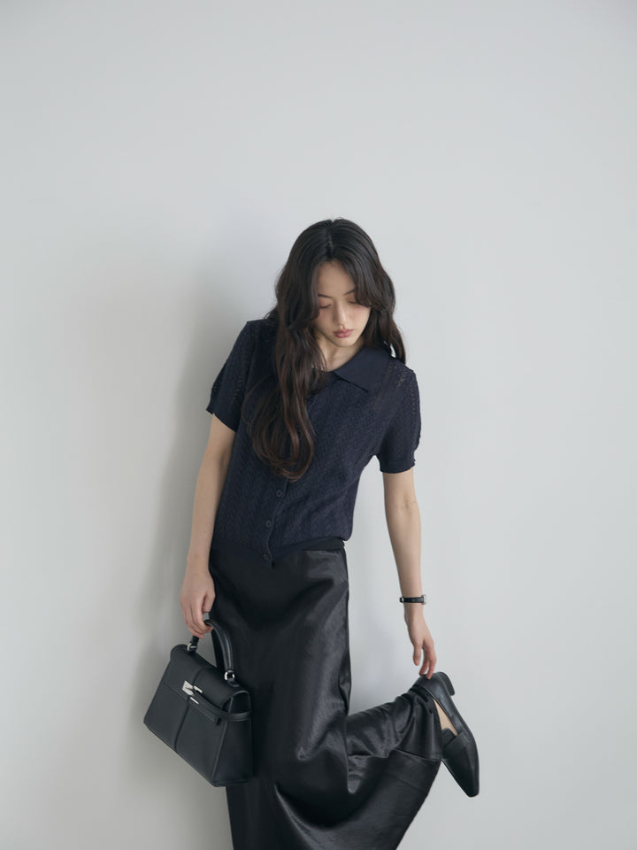 【SET】クロシェPOLOコンパクトカーディガン+リュクスAラインサテンスカート(2set)