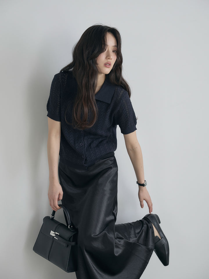 【SET】クロシェPOLOコンパクトカーディガン+リュクスAラインサテンスカート(2set)