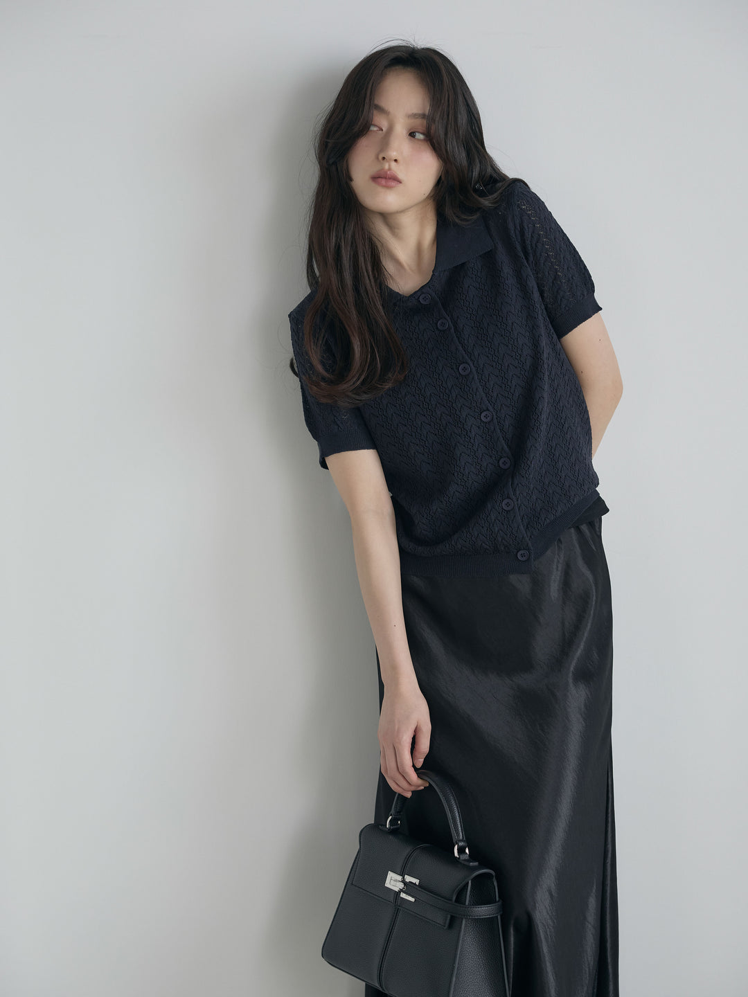 【SET】クロシェPOLOコンパクトカーディガン+リュクスAラインサテンスカート(2set)