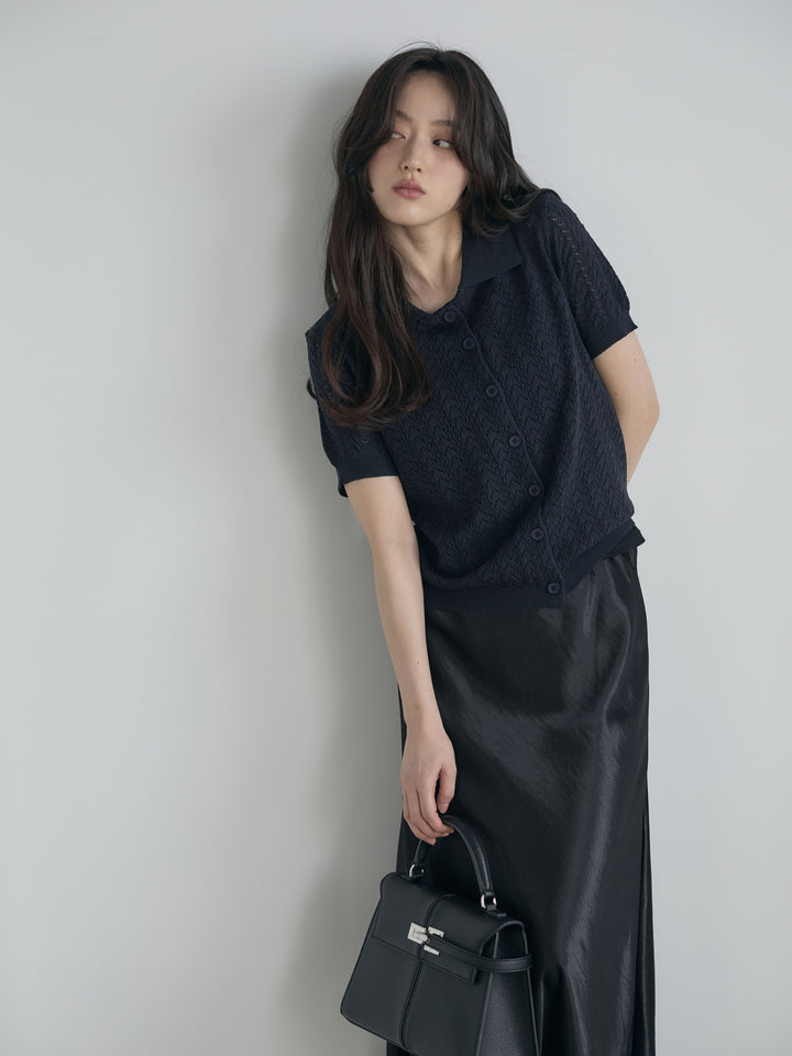 【SET】クロシェPOLOコンパクトカーディガン+リュクスAラインサテンスカート(2set)