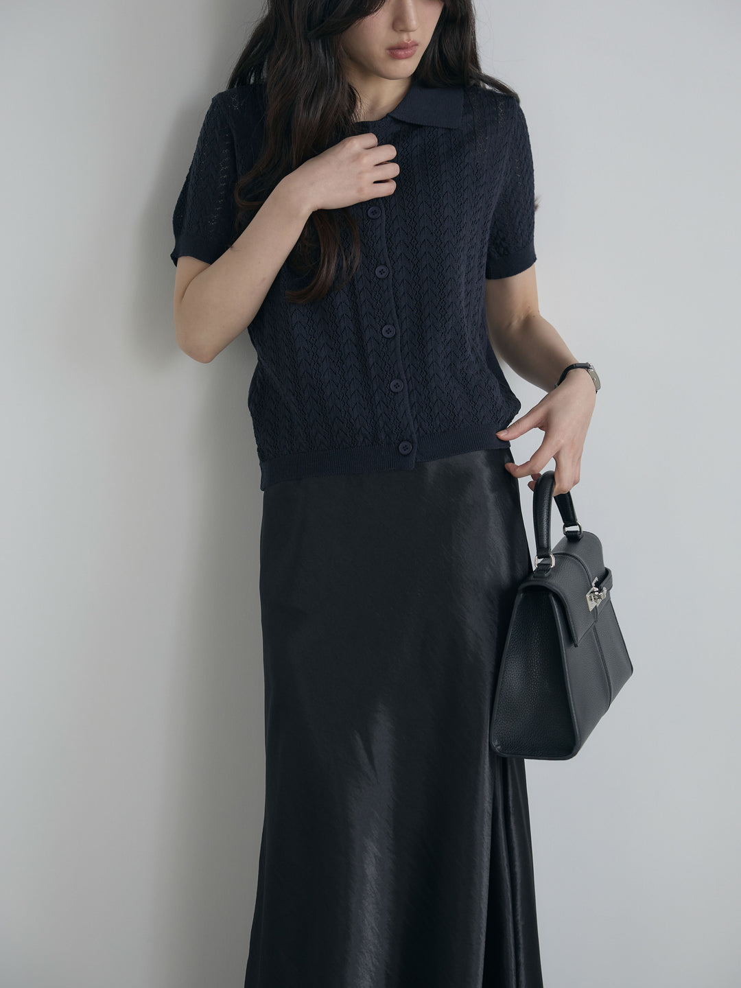 【SET】クロシェPOLOコンパクトカーディガン+リュクスAラインサテンスカート(2set)