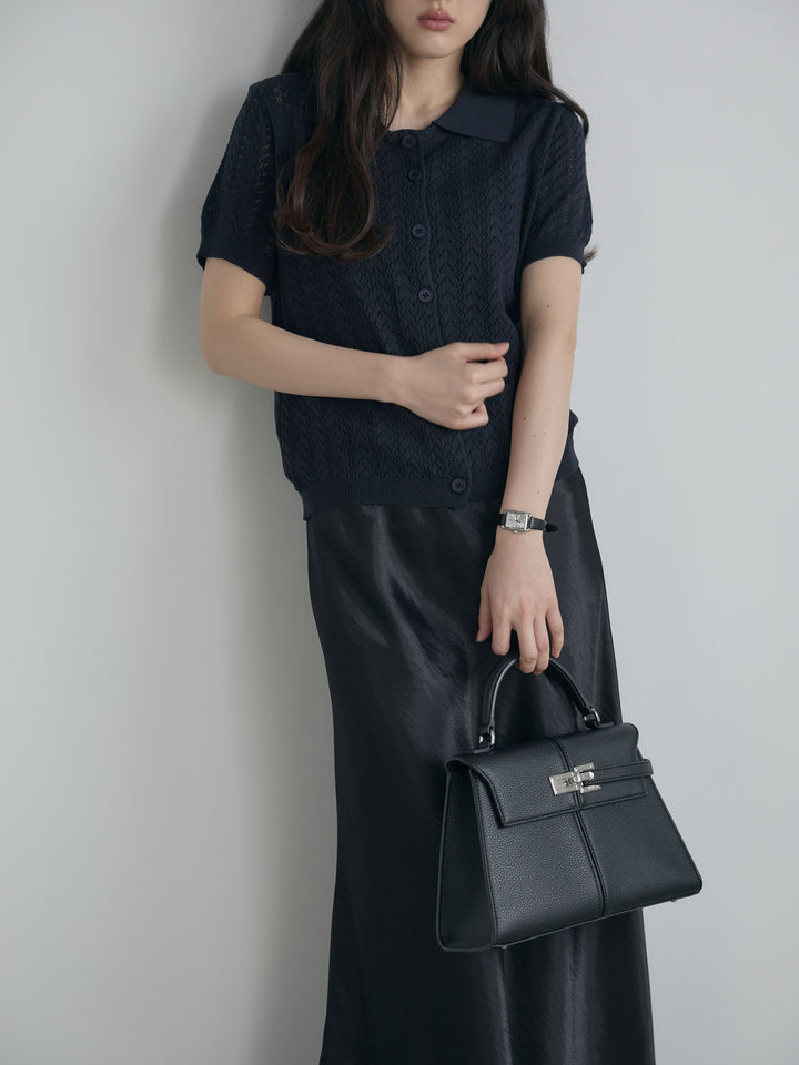 【SET】クロシェPOLOコンパクトカーディガン+リュクスAラインサテンスカート(2set)