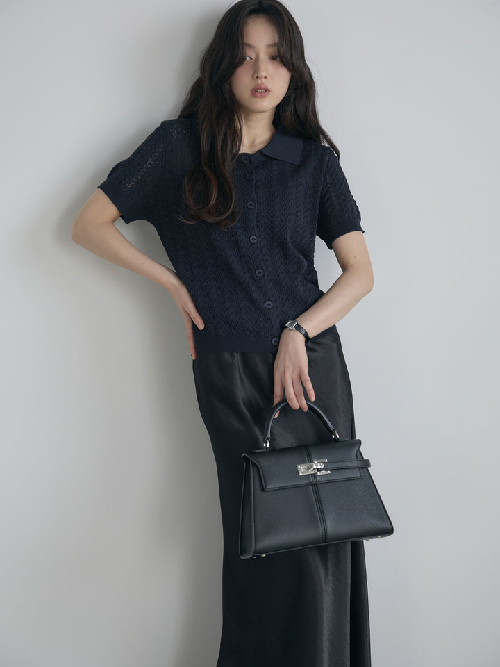 【SET】クロシェPOLOコンパクトカーディガン+リュクスAラインサテンスカート(2set)