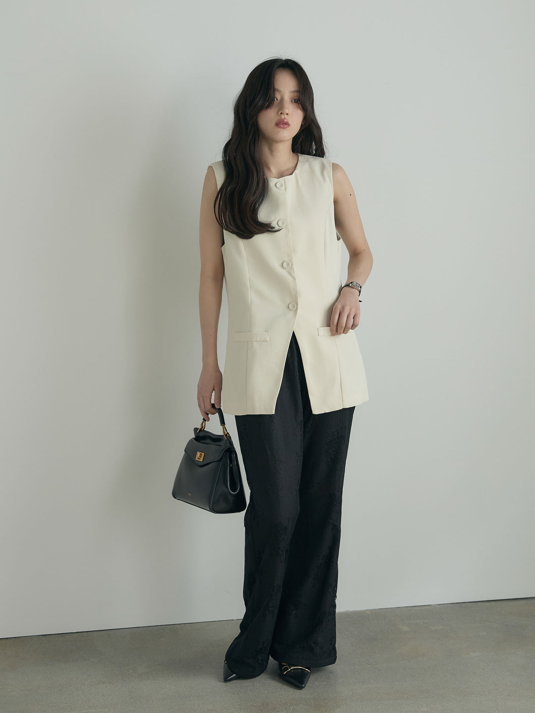 【SET】クルーネックミディベスト+【Essential】Lace soft flare pants(2set)