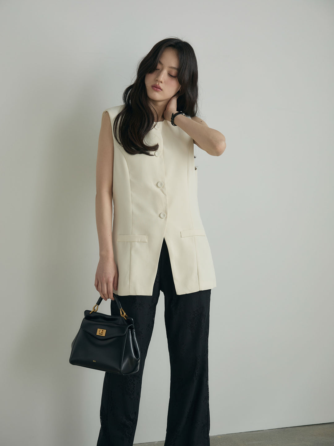 【SET】クルーネックミディベスト+【Essential】Lace soft flare pants(2set)